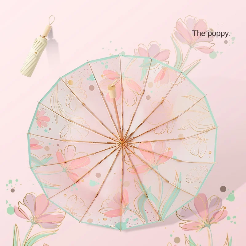 Three-fold 16-bone Color Glue Pattern Gold Pole Sun Protection UV Creative Retro Sun-shielding Umbrella