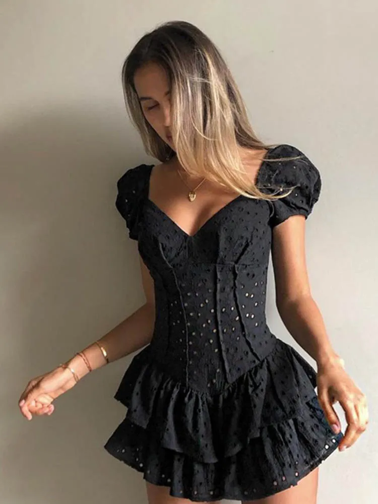 

Fashion V Neck Ruffles Pleated Dress Women Puff Sleeve Chic Black Summer Dress Party Hollow Out Vintage Corset Ladies