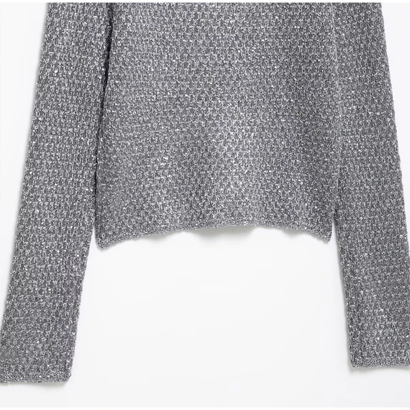 Slim Sequin O Neck Knitted Cardigan Women Long Sleeve Single Breasted One Button Sweater 2025 Spring Lady New Commute Knitwear