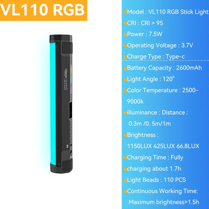 Ulanzi-写真スタジオ用のライトチューブ,vl110 rgb,フルカラーの磁気