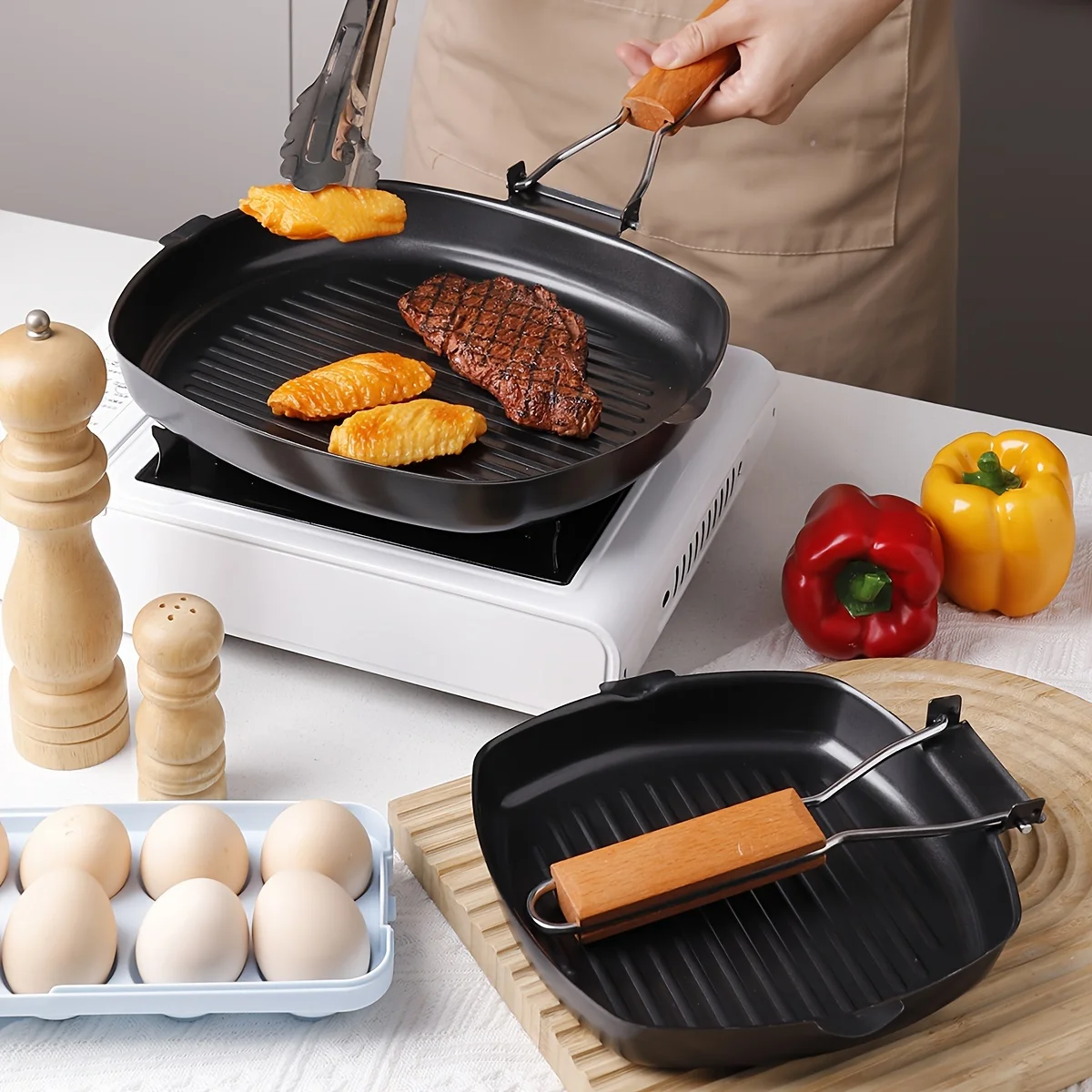 1pcs Non-Stick Cast Iron Skillet with Foldable Handle-Steak & Egg Pan, Easy Clean,Outdoor Camping Cookware
