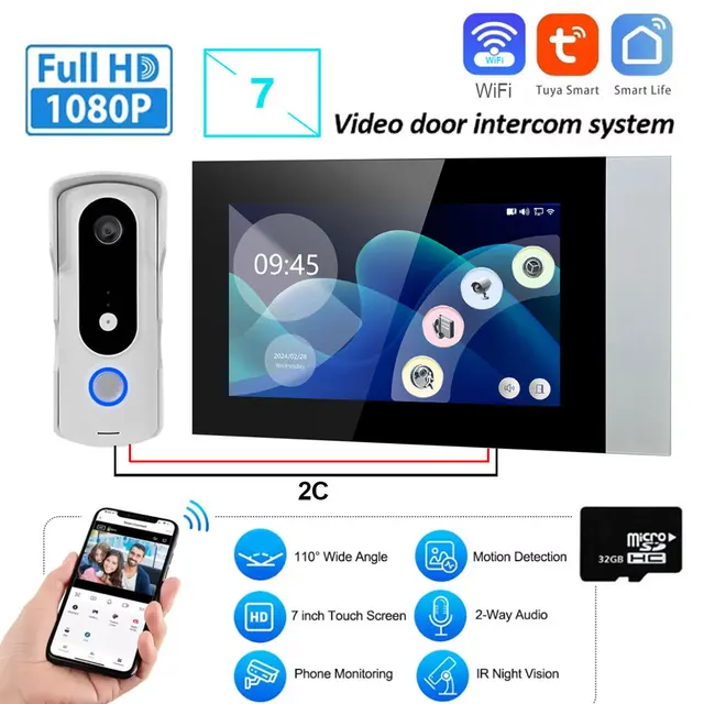New 2 Wire Video Intercom System 7'' Color Touch Screen Tuya Wifi 1080P  Rainproof Call Panel IR Camera for Home Villa Building 1