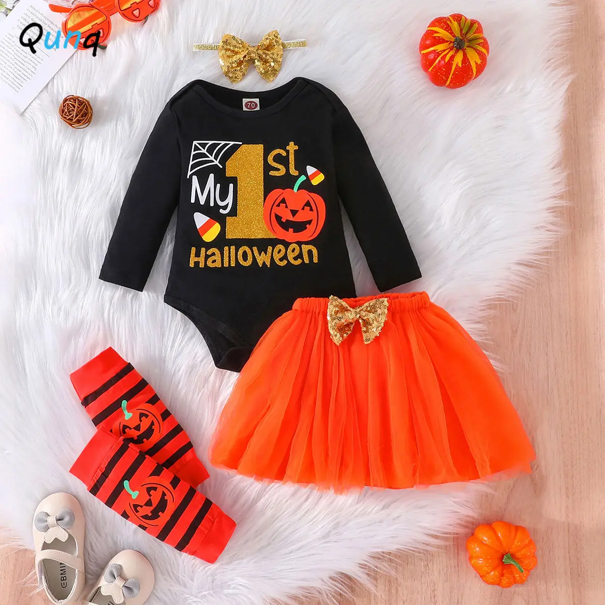 

Qunq2023 Autumn Halloween Costume Girls Long Sleeve Print Romper+Skirt And Socks Headband 4 Pieces Casual Kids Clothes Age 1T-3T