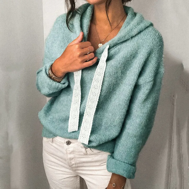 Green Tops 2023 Women Autumn Winter Hoodies Long Sleeve Solid Lace Sweatshirt Casual Knitted Hooded Pullover Ladies Streetwear
