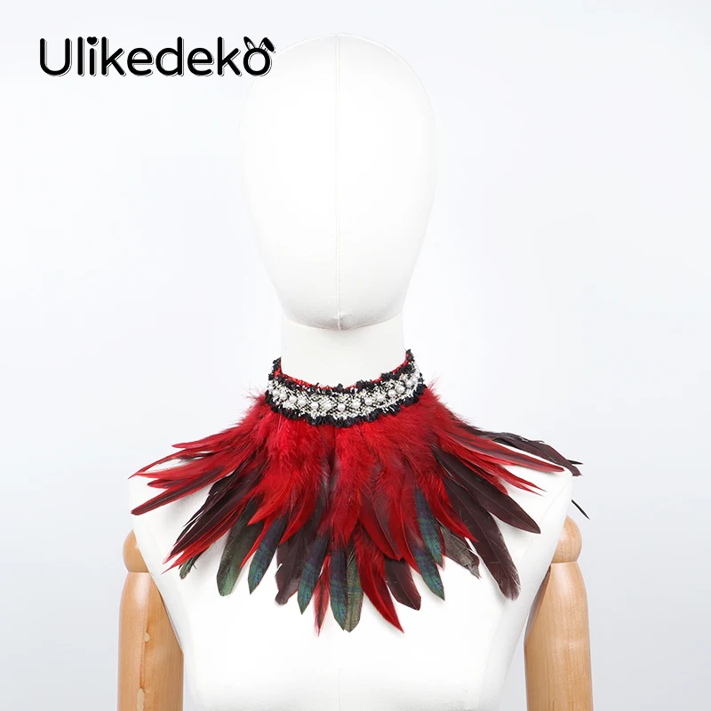 Fake Collar Choker Necklace Detachable Collar Shawl Gothic Feather Choker Collar Punk Cape Shawl Rave Party Halloween Witch Cosplay Feather Fake Collar Artificial Pearl Neck Cover