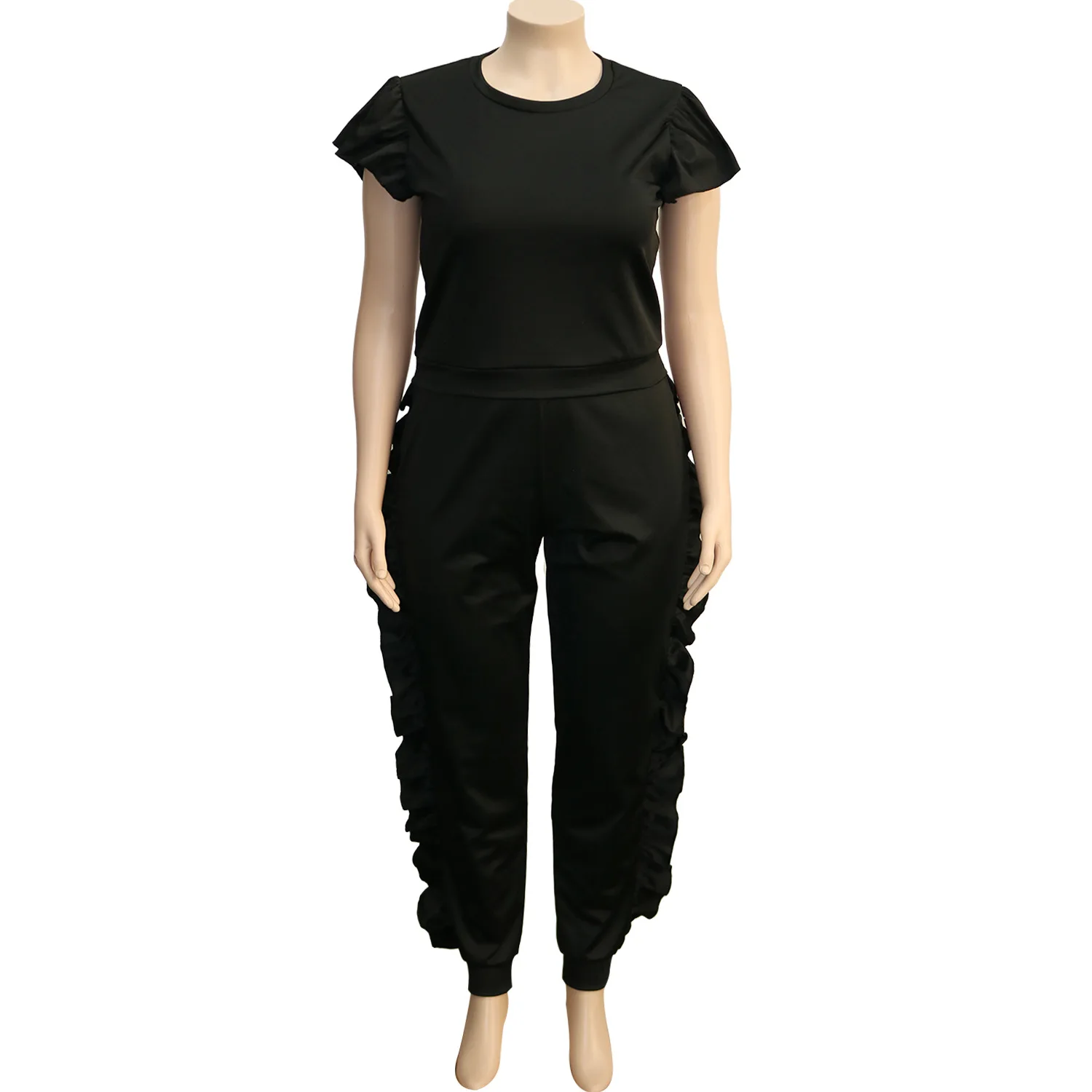 Plus Size Women Sets Solid Tops And Ruffle Pants 2022 Summer Two Piece Sets Designer Outfit Elegant Clothes Fashion Tracksuit
