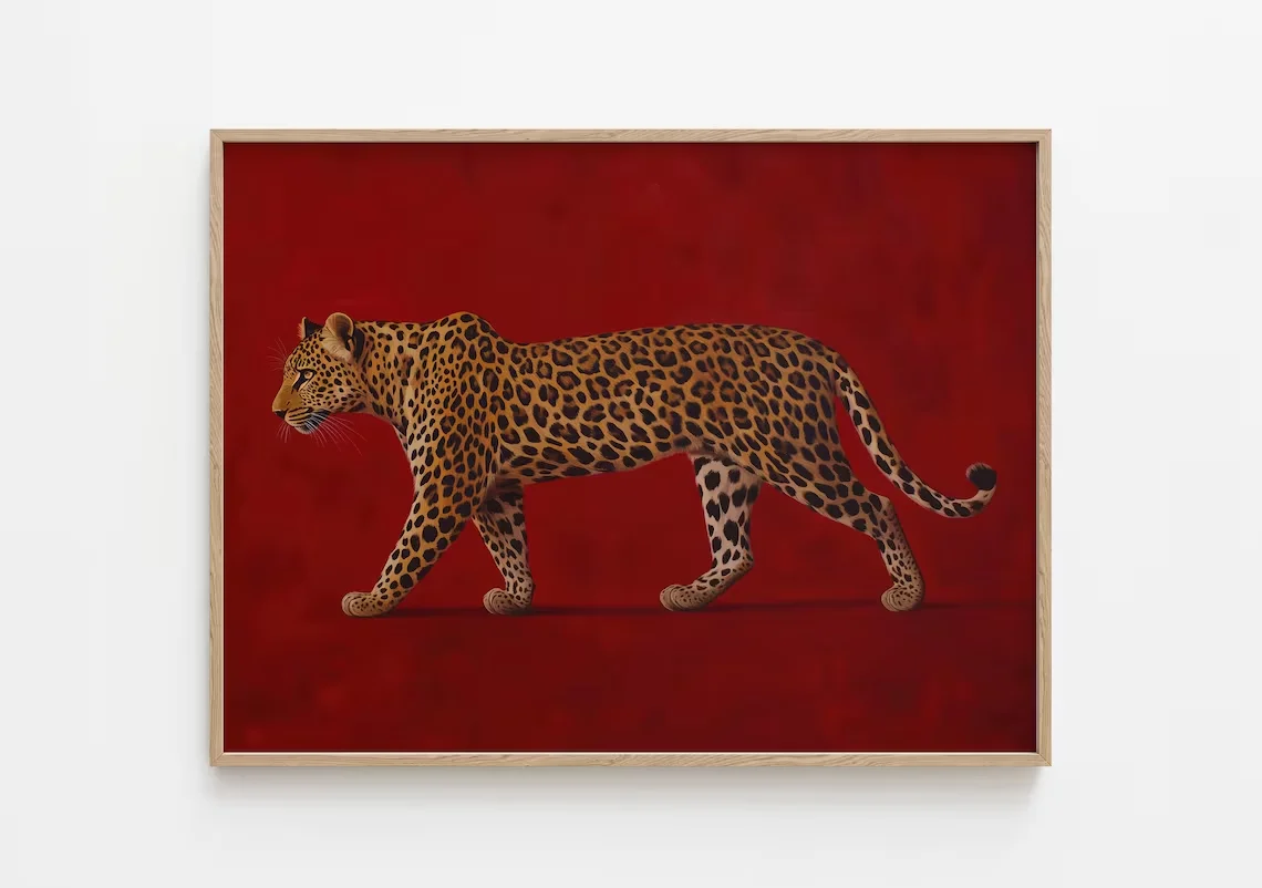 Red Leopard Oil Painting - Framed Poster, Burgundy Vintage Artwork, Luxe Masculine Decor