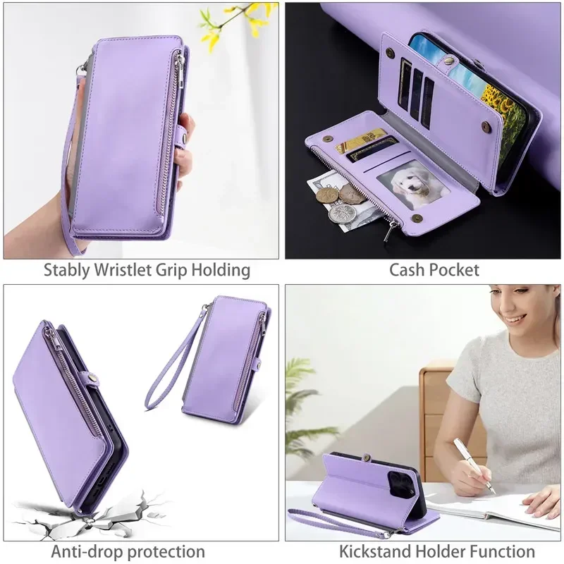 Deluxe Leather Flip Phone Case with Long Lanyard and Zipper Wallet Card Holder
