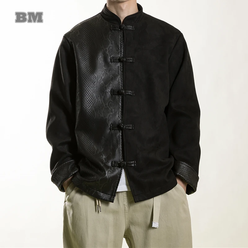 

Chinese Style Snake Print Suede Patchwork Jacket Men Clothing Spring Autumn Plus Size Stand Collar Tang Suit Casual Coat Male