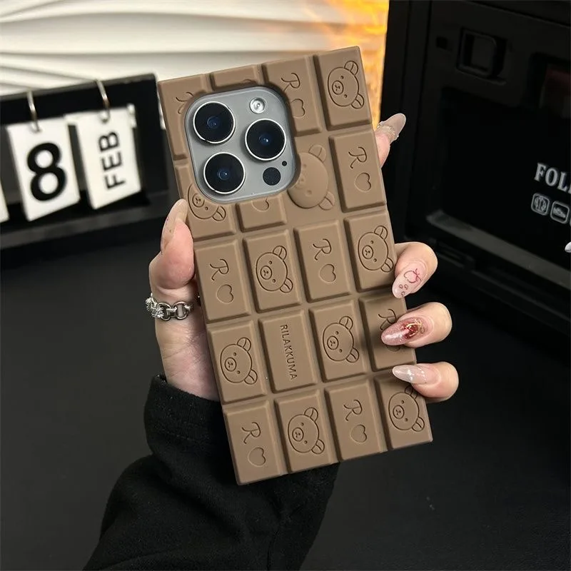 For iPhone 15 14 13 12 Pro Max 11 16 Pro Max Chocolate Rilakkuma Bear 3D Cartoon Phone Case Funny Soft Silicone Cover 2