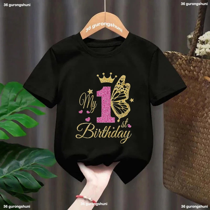 Black Tshirt My 1-9th Happy Birthday Princess Golden Butterfly Theme T-Shirt Baby Girls Gift Kids Clothes Short Sleeve Tees Tops 2
