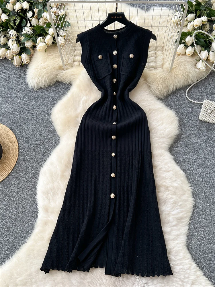 SINGREINY Senior Office Lady Dress O Neck Sleeveless Single Breasted Chic Elastic Waist Slim Sundress High Quality Knitted Dress 6