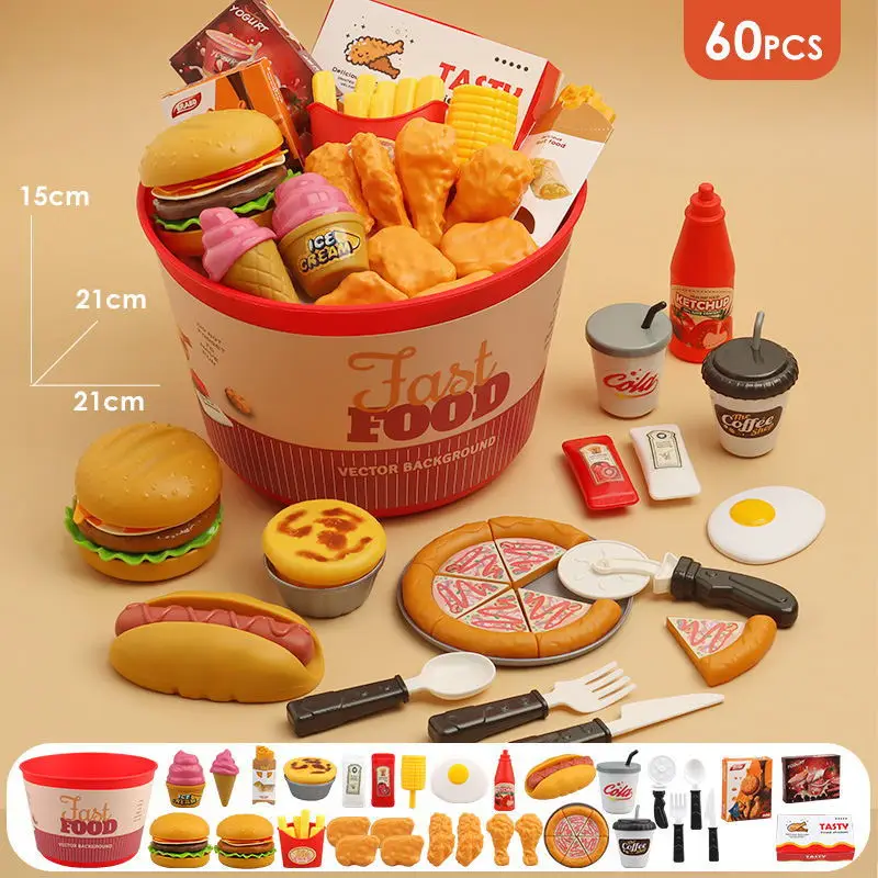 Simulation Food Kitchen Toys for Kids Pretend Play Cooking Toy Cookware Pot Hamburger Hot Dog Fries Parent-Child Interactive Toy