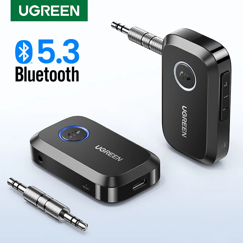 UGREEN 블루투스 자동차 수신기 어댑터, 3.5mm AUX 잭 자동차 스피커 오디오 음악 수신기 핸즈프리 블루투스 5.3