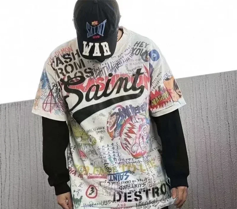 

American style joint graffiti manga hand drawn creative 2024 new Saint Michael loose round neck pullover short sleeved T-shirt