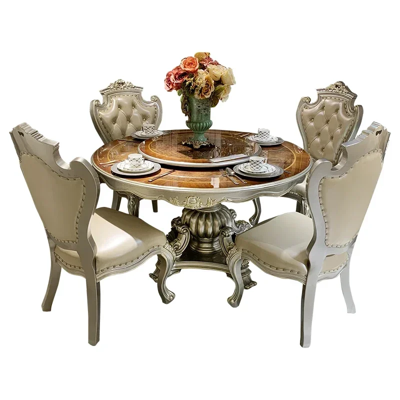 European style dining table solid wood round dining table natural wood parquet chair combination household round ri