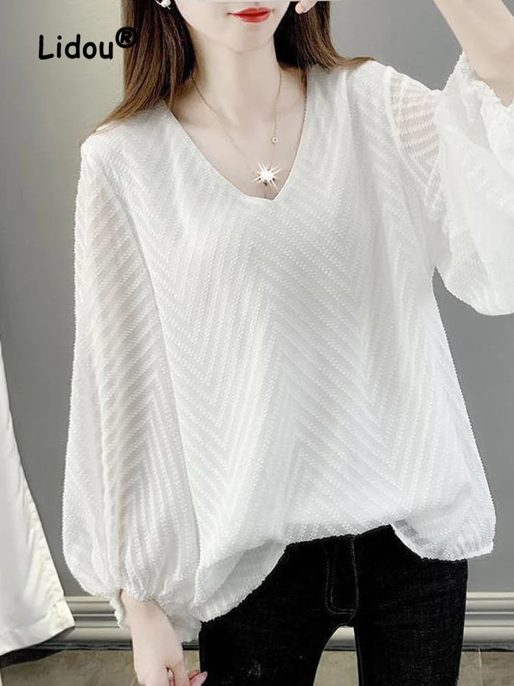 Fashion Casual Solid Color Patchwork White Chiffon Pullover New Classic Translucent Long Sleeve V-neck Temperament Lady Top
