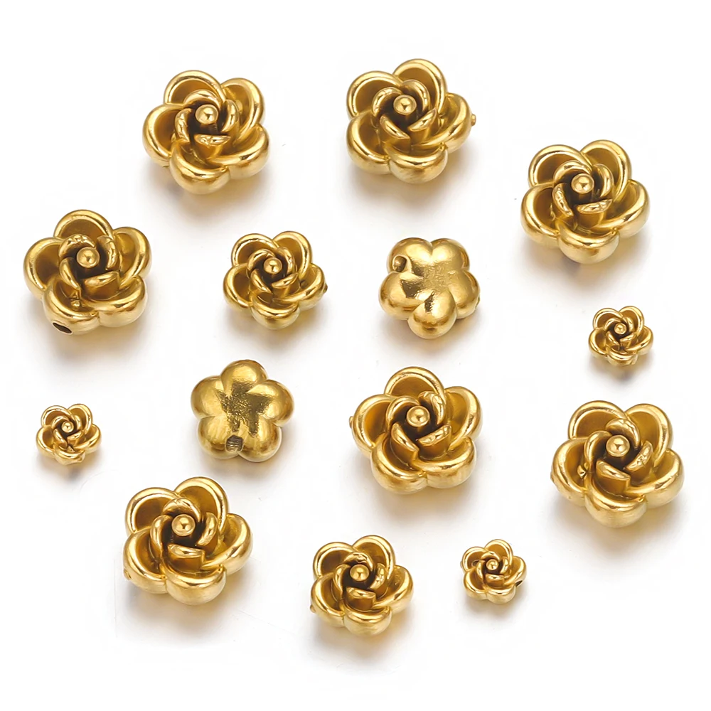 Set of 10 Gold-Plated Stainless Steel Rose Beads