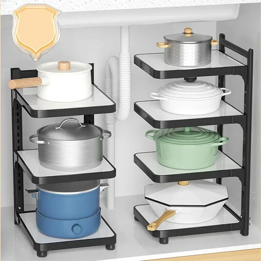 

Multi-layer Pot Rack Kitchen Under Sink Storage Shelf Layered Corner Closet Organizer Household Adjustable Cabinets Storage Rack