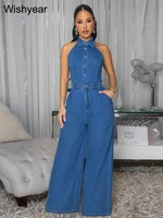 Fashion Bodycon Blue Denim Jumpsuits Woman Halter Backless Straight Rompers Fall Wide Leg Pants Jeans Female Streetwear Overalls