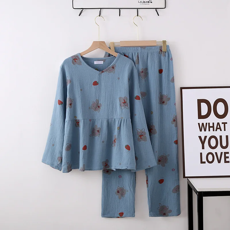 Japanese style spring and autumn women's 100% cotton crepe long-sleeved trousers pajamas comfortable home wear pajama set women