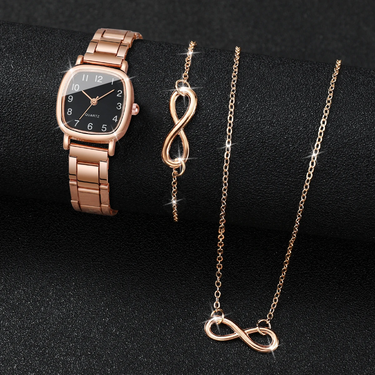 3PC/Set Women's Square Steel Band Watch Small Head Quartz Watch Necklace Bracelet Set