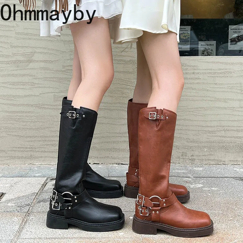 

Woman Western Cowgirl Boot Fashion Back Zippers Long Booties Causal Suqare Low Heel Winter Women's Biker Booties