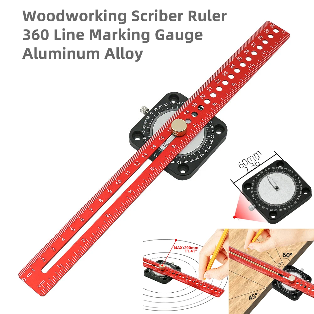 Woodworking Compass Angle Scoring Scriber Ruler 360° Line Marking Gauge Aluminum DIY Measuring Tools  Adjustable T-type Ruler