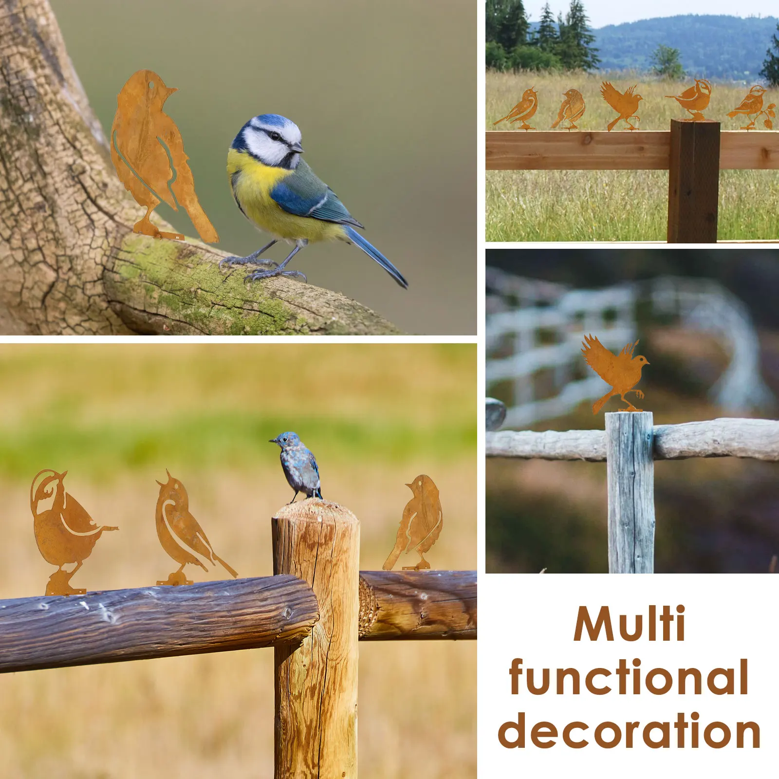 Garden Decoration 5Pcs Rusty Metal Bird Garden Fence Decor Statues Bird Iron Art Crafts Courtyard Garden Lawn Stake Silhouette Decorations Animal Stakes Animal Ornaments