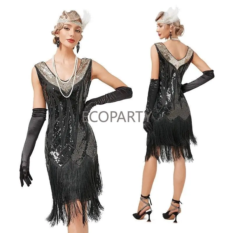 

Flapper Dress 1920s Great Gatsby Black Vintage Dress V Neck Beaded Fringed Tassels Cocktail Prom Wedding Party Cosplay Costumes