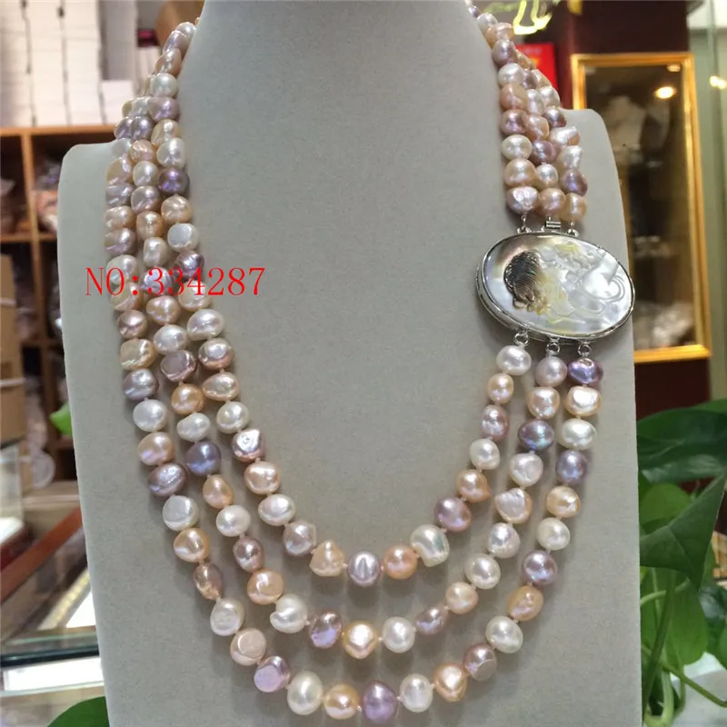 

NEW irregularity Baroque 20" 3row 8-9mm Pink grey white color multicolor pearls necklace seashell clasp