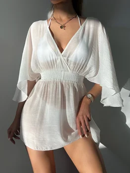 Women Sheer Mesh Cover Up Solid Black White Short Sleeve Beach Cover-Up Swimsuits 2026 Summer Belt Kimono Wrap Dresses Beachwear 1