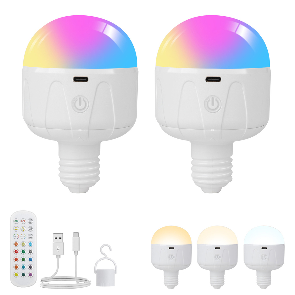 2pcs Rechargeable Battery LED Night Light Bulb 4000mA Wireless E27 RGB Color Dimmable Remote Control Magnetic USB Puck Light