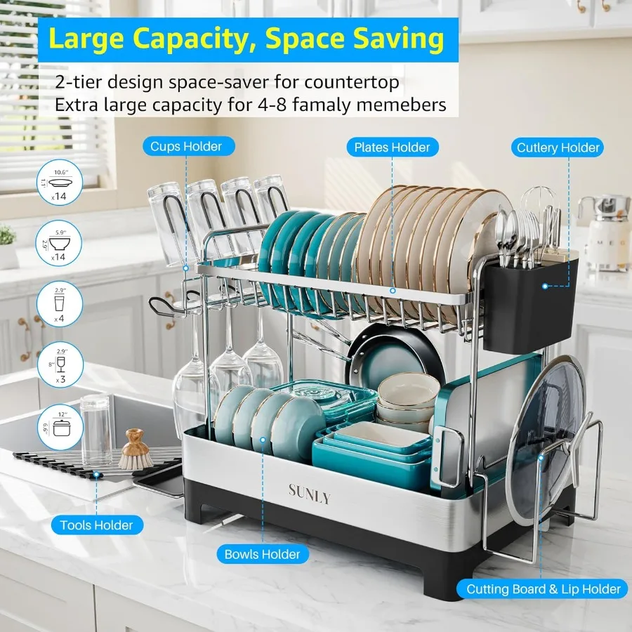 2 Tier Dish Drying Rack Extra Large Dish Rack Multifunctional Large Dish Drainers for Kitchen Counter 304 Stainless Steel Kitch