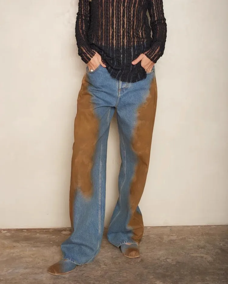 

SuperAen 2024 Autumn New Heavy Industry Ink Contrast Color Floor Mopping High Waist Straight Leg Jeans