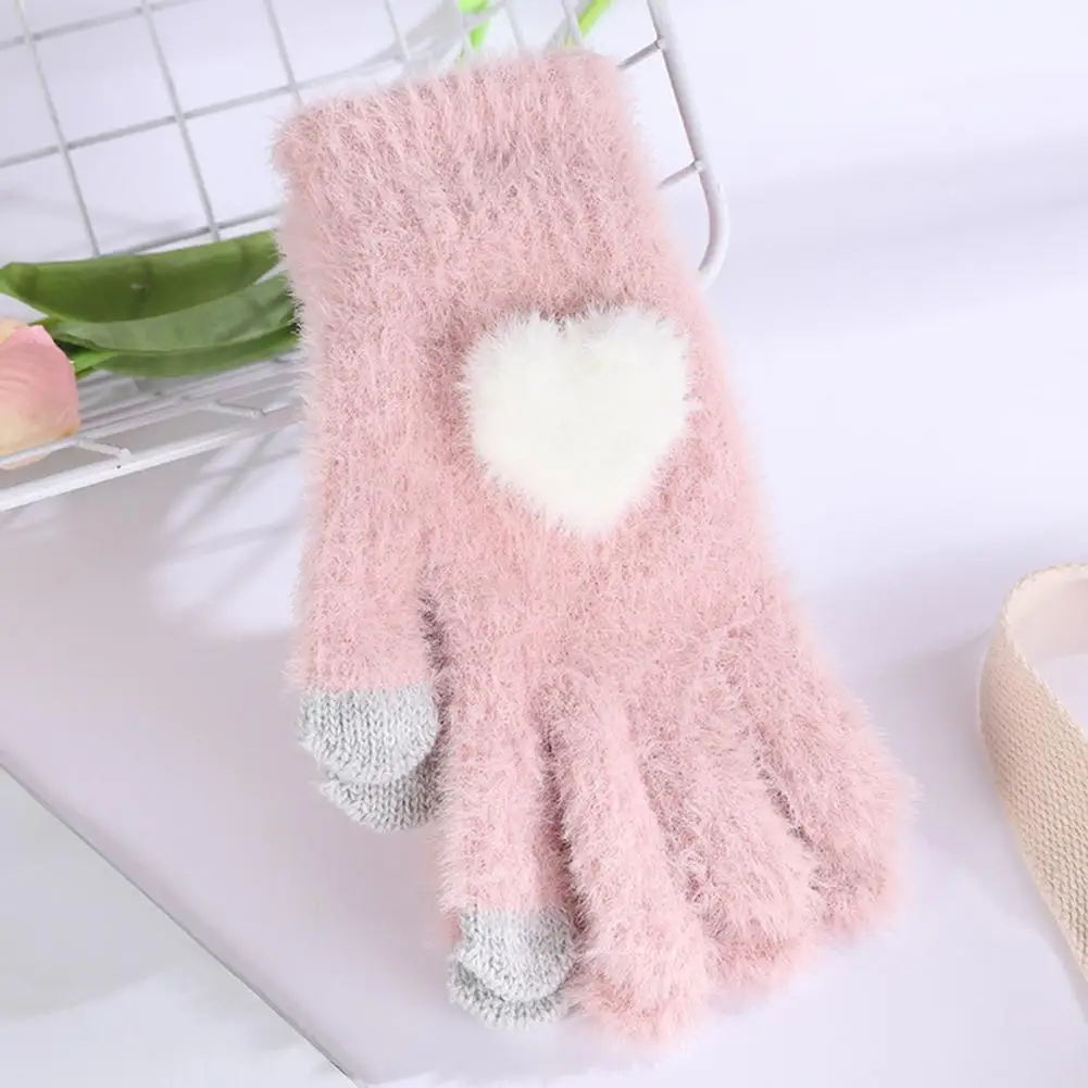 Warm Gloves Plush Knitted Women's Winter Gloves with Anti-slip Warm Cold-proof Design for Lady Cycling Soft Elastic Touchscreen