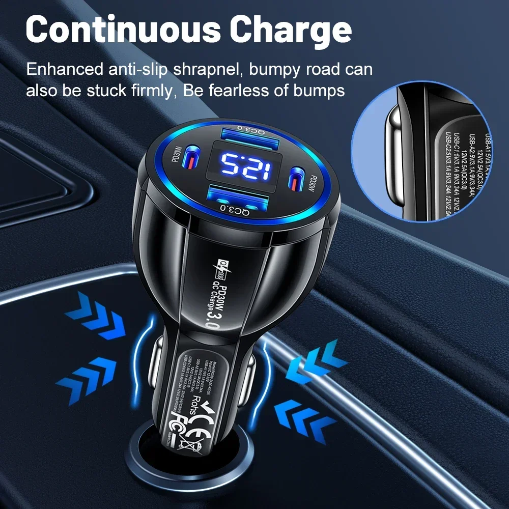 100W Car Charger 4 USB Ports Fast Charging with Digital Display Quick Charging Adapter for iPhone Samsung Xiaomi Type C Charger