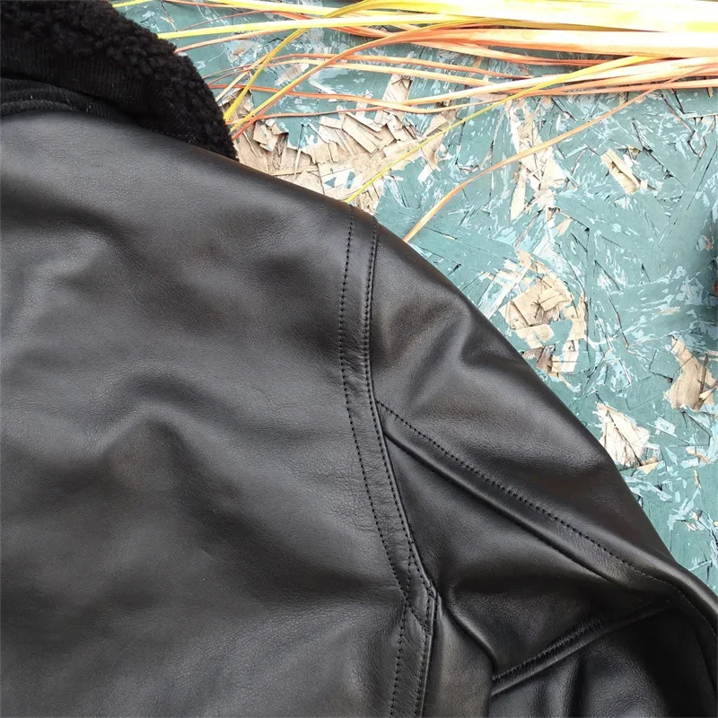 Description Picture 6 of itemFree shipping.Leather Coat with Shearling Collar.Winter warm thick Japanese cowhide jacket.Men long leather Business trench coat