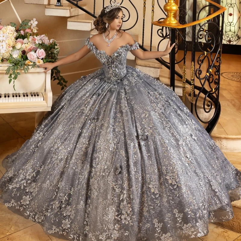 

Glitter Grey Quinceanera Dress Off The Shoulder Appliques Lace Tull Cut-Out Beads Sequin For 15 Girls Ball Formal Gowns
