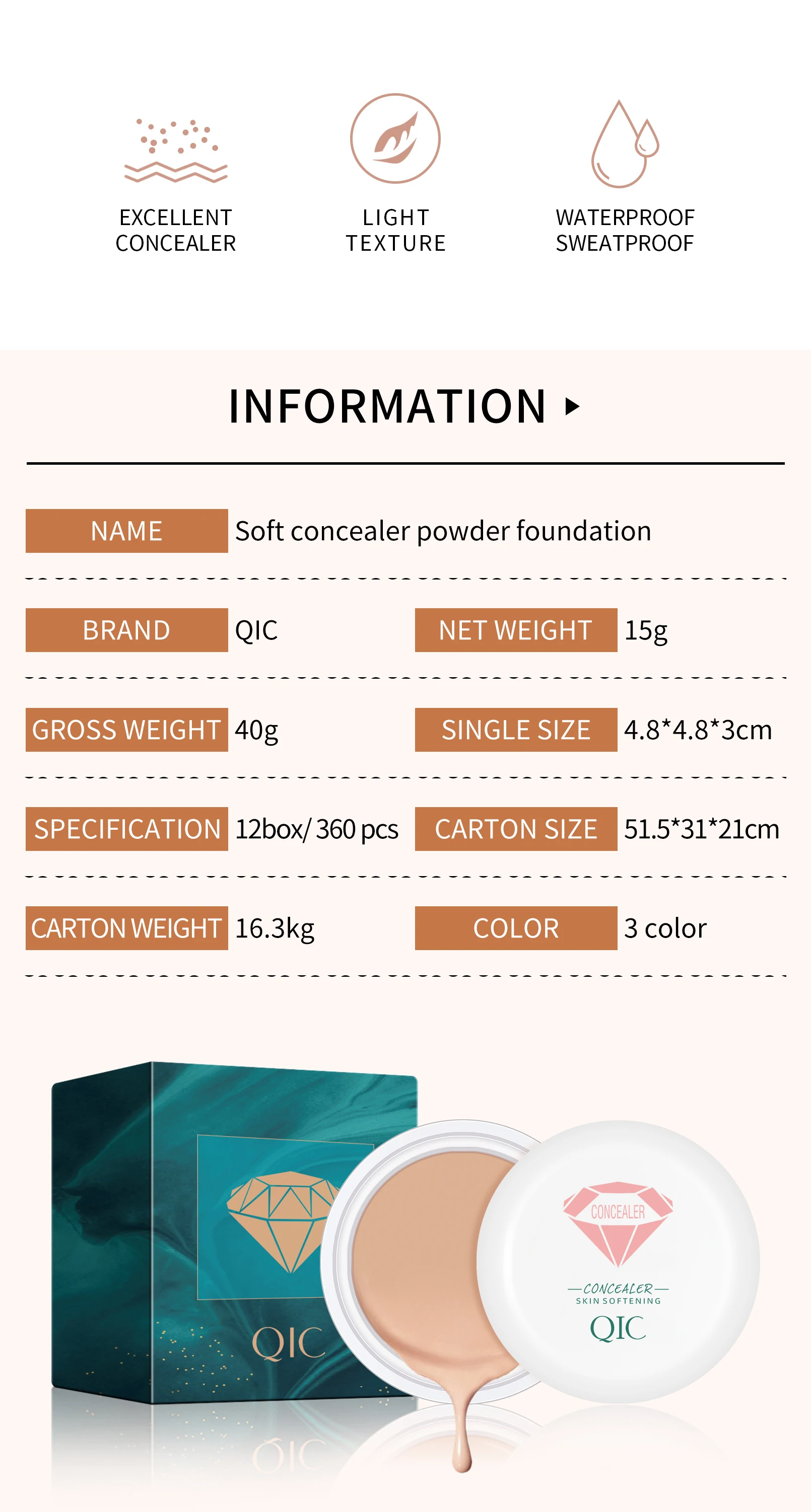 Description Picture 3 of itemWaterproof High Coverage Concealer Cream Makeup Long Lasting Cover Tattoo Dark Circles Perfecting Makeup Base makeup Cosmetics