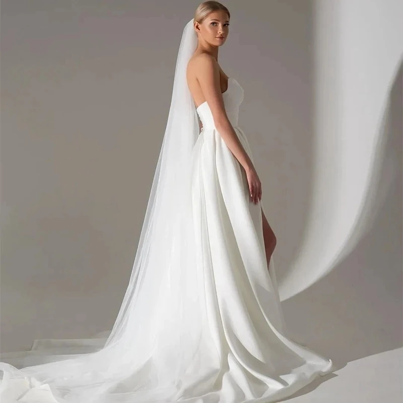 Maßgeschneiderte schlichte Satin-Brautkleider ärmellos, rückenfrei mit hohem Schlitz für Damen 2026, Schleppe, Brautkleider, Vestidos de Novia – Detail 5