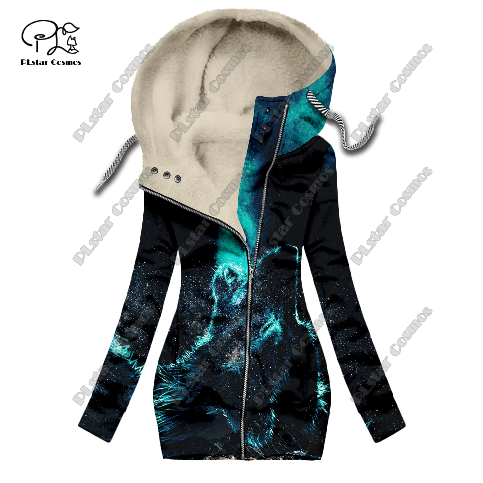 New 3D printed animal series wolf pattern velvet warm women's long zipper hoodie jacket commuting casual winter L-1