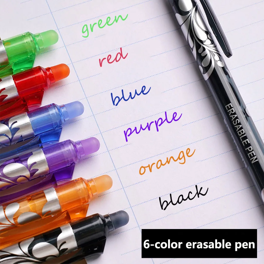 6pcs/mix Retractable Pen 0.5mm Magic Erasable Pen &Eraser Color Ink Replaceable Refill-Large Capacity Washable Handle Stationery