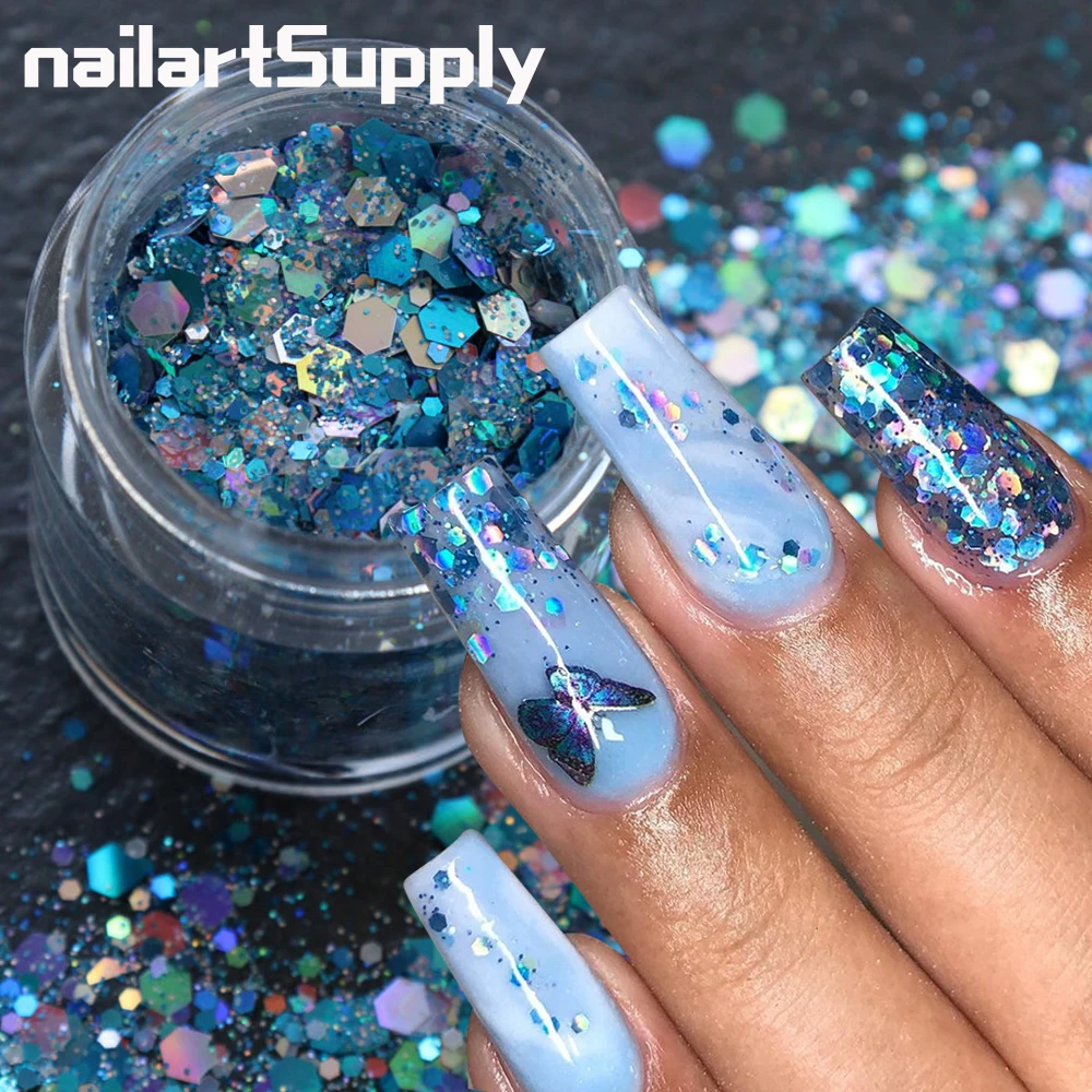 

50G/Bag Holographic Nail Glitter Mermaid Powder Flakes Shiny Charms Hexagon Nail Art Pigment Sequins Decor Manicure Paillette