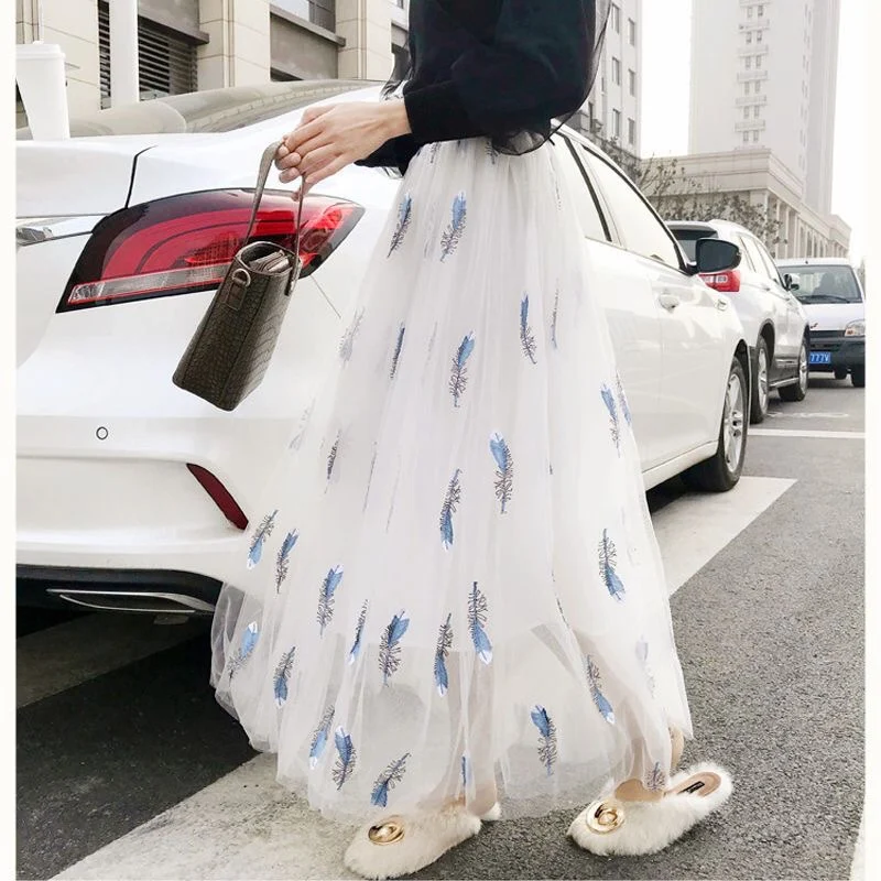 

Korean Fashion Solid Feather Embroidery Chiffon Long Skirt Women Girls Summer Sweet Elegant Midiskirt Elastic High Waist Skirt