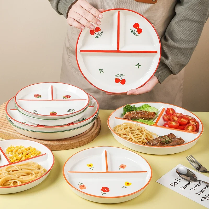 Ceramic Dinner Plate Japanese Hand Drawn Three Grid Plate 1person Family Breakfast Fat-reducing Quantitative Divider