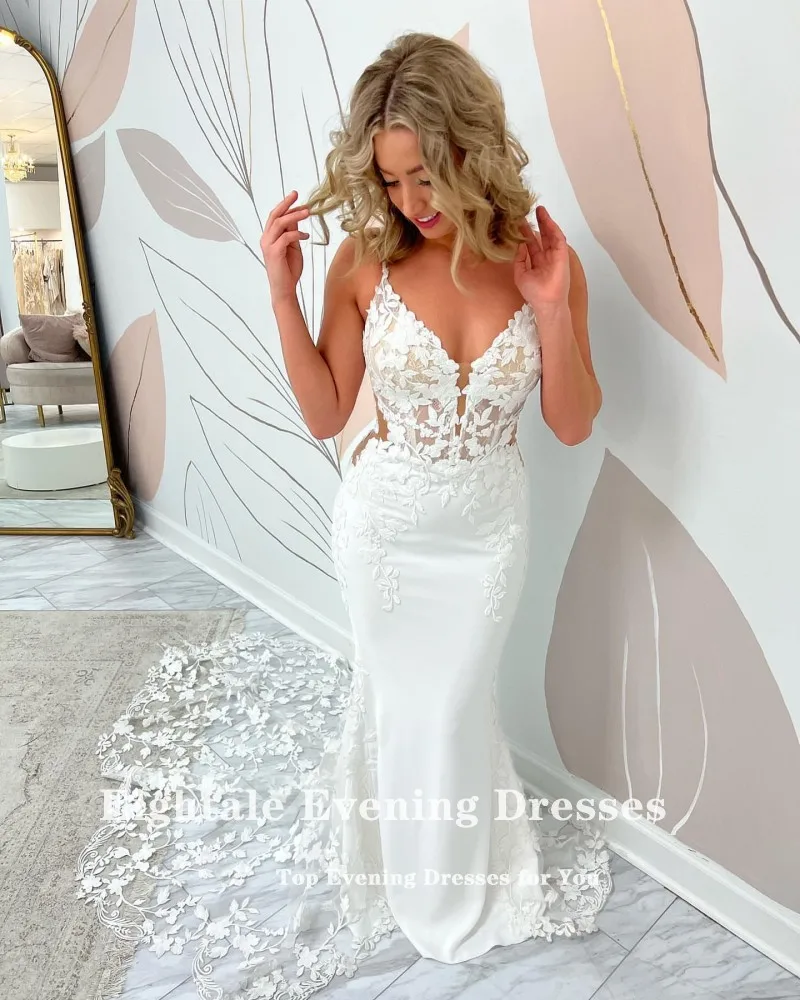 Eightale Mermaid Wedding Dresses Lace Boho Bridal Gowns Spaghetti Strap Customized White Ivory Wedding Gowns vestidos de novia 2