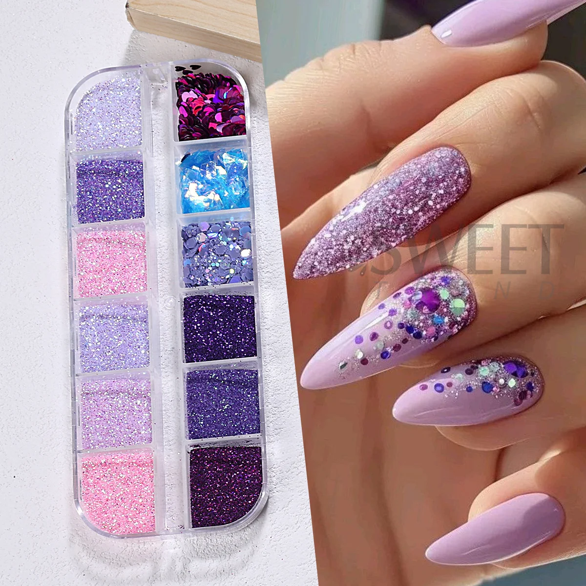 12 Grids Purple Pink Series Nail Sparkly Glitter Holographic Sugar Hexagon Broken Sequins Chrome Pigment Nails Accessories Flash