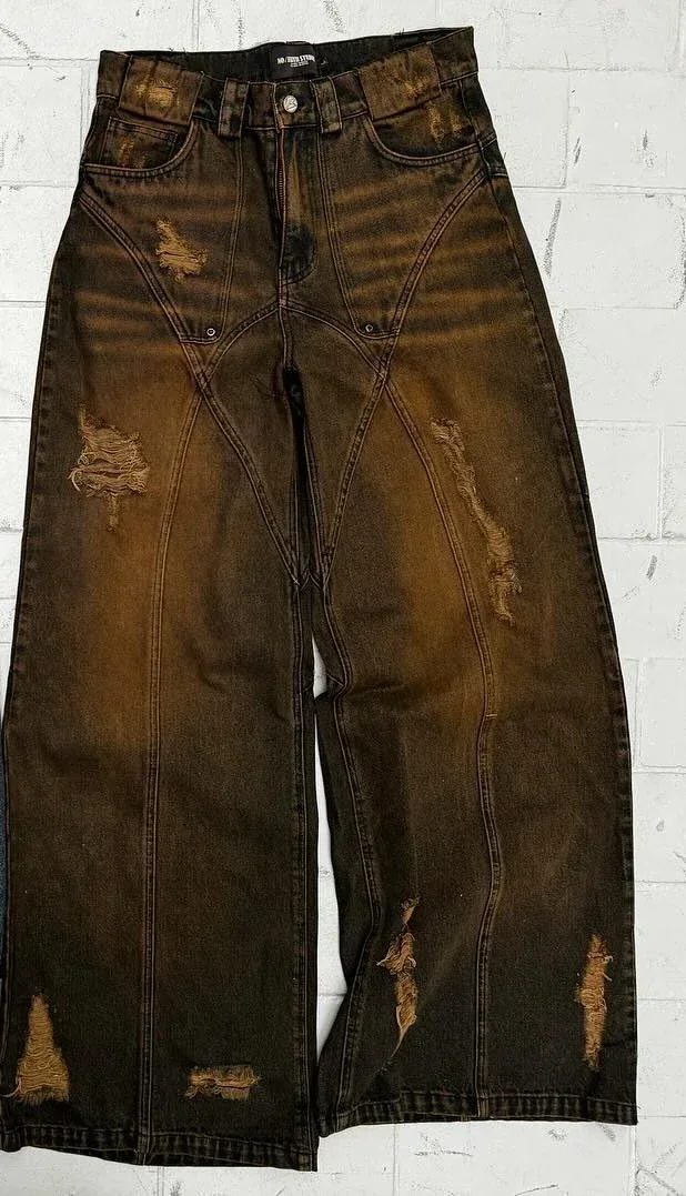thumbnail image 1 of Pantalones vaqueros holgados de cintura alta con lavado retro Y2k, pantalones vaqueros viejos rotos para mujer, pantalones rectos de pierna ancha de hip hop, pantalones de moda urbana, 1 of 4