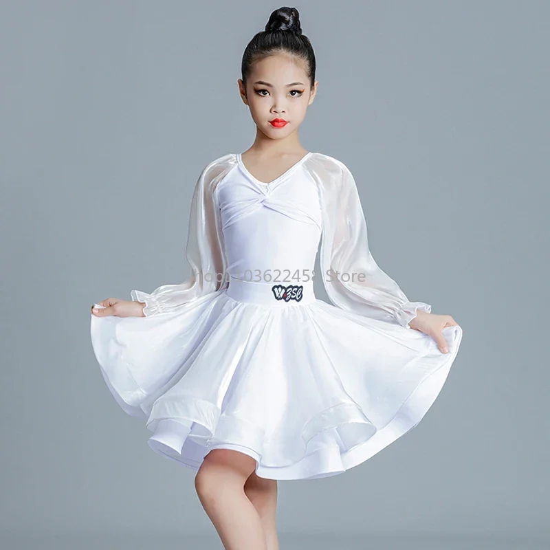 

White Tango Samba Rumba Latin Dance Dress Girls Latin Ballroom Dance Competition Dresses Kids Dancing Clothes Practice Wear